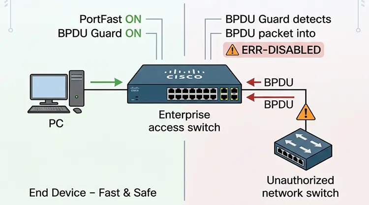 Cisco PortFast and BPDU Guard configuration diagram