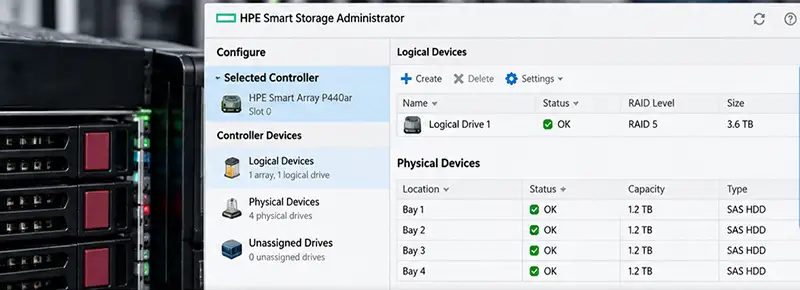 بررسی هاردها و logical drive HPE Smart storage adminisrtator